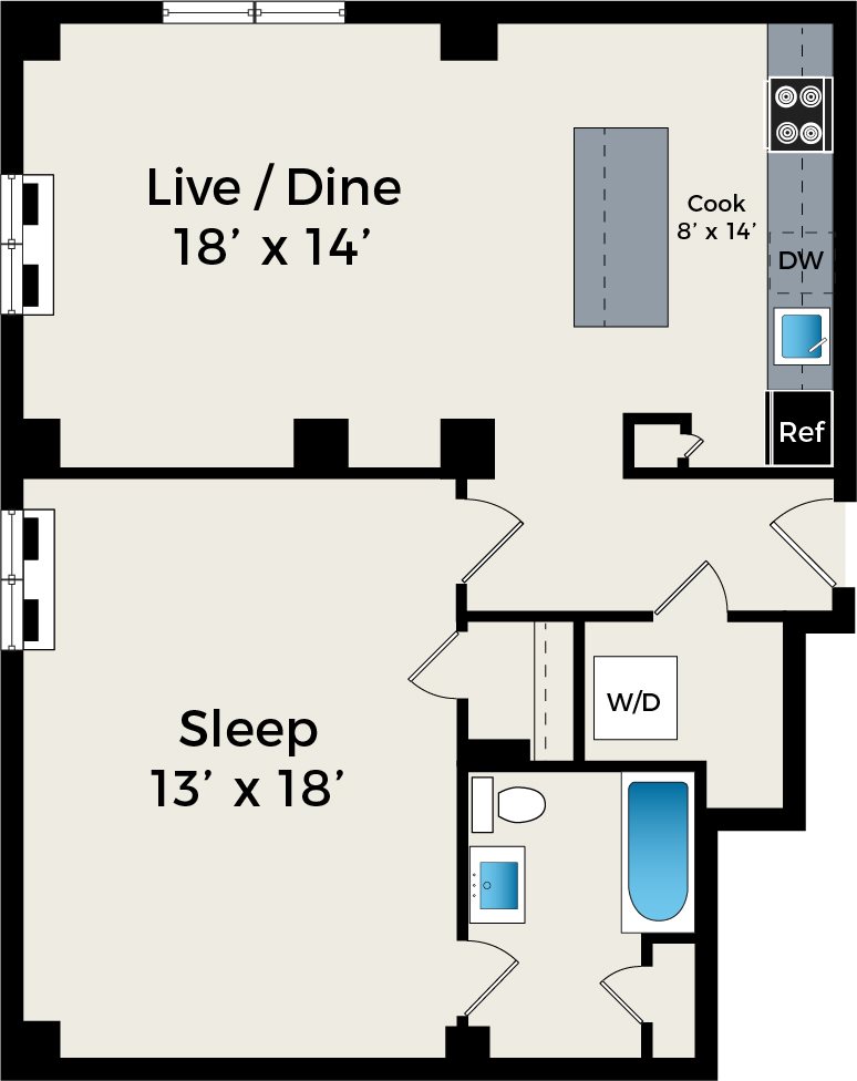 1 Bedroom Floor Plan at Park Fullerton by Reside Apartments, Chicago, Illinois